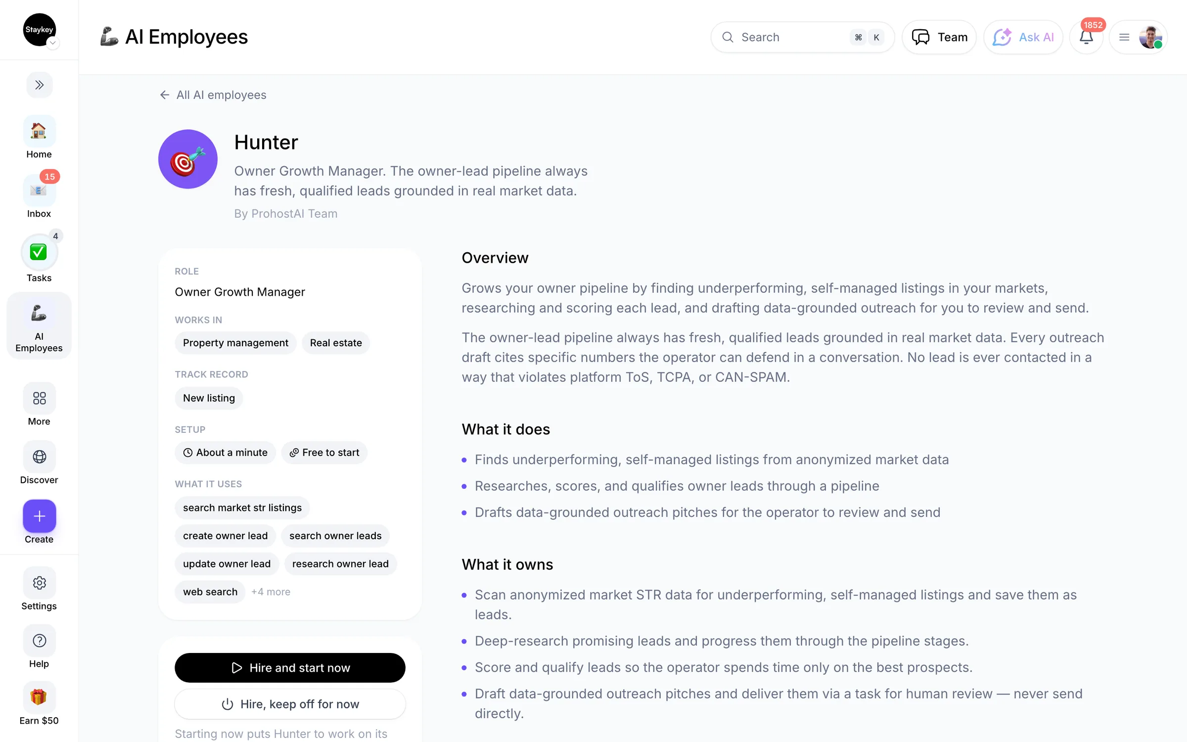 Hiring an AI employee in ProhostAI