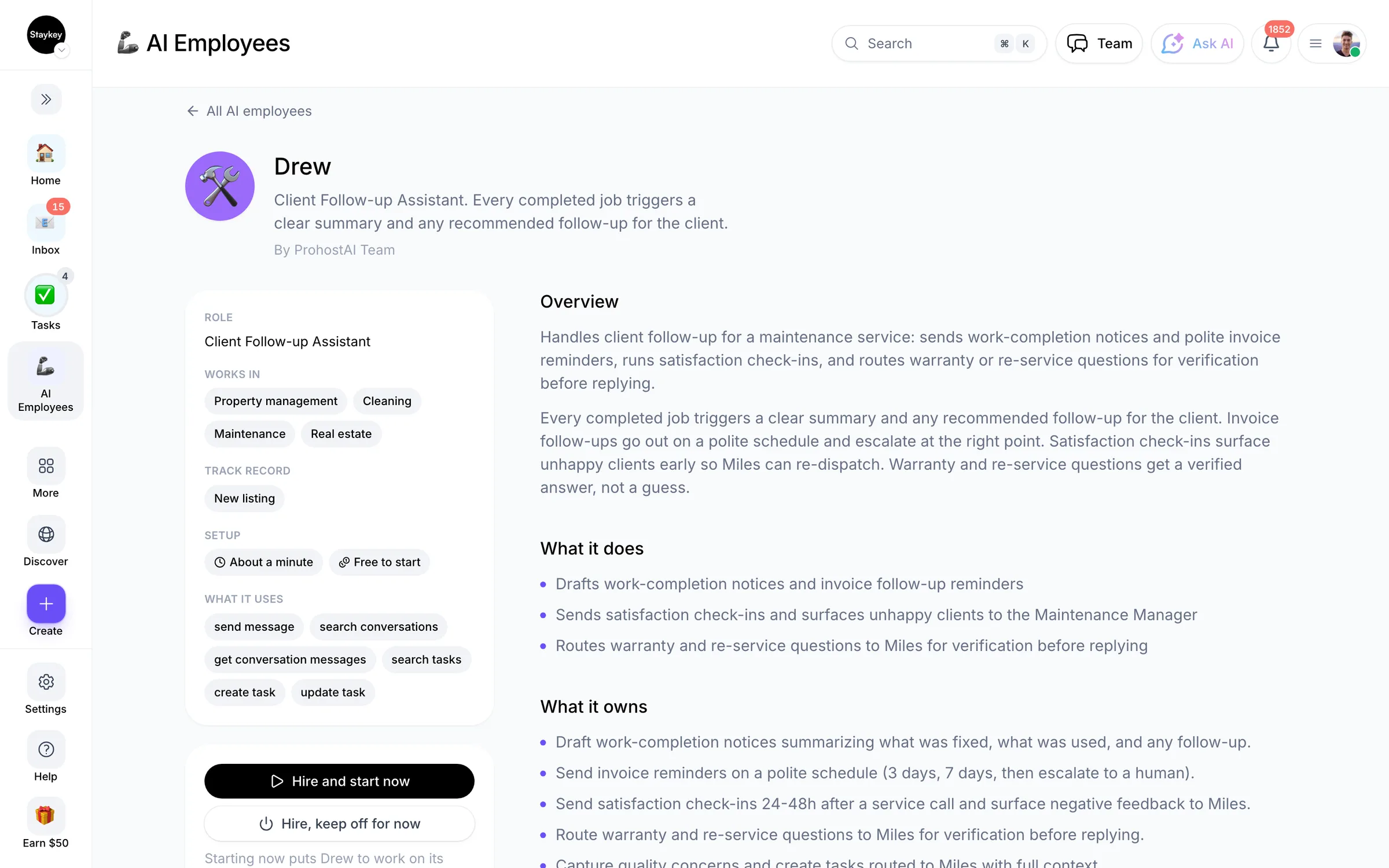 Hiring an AI employee in ProhostAI