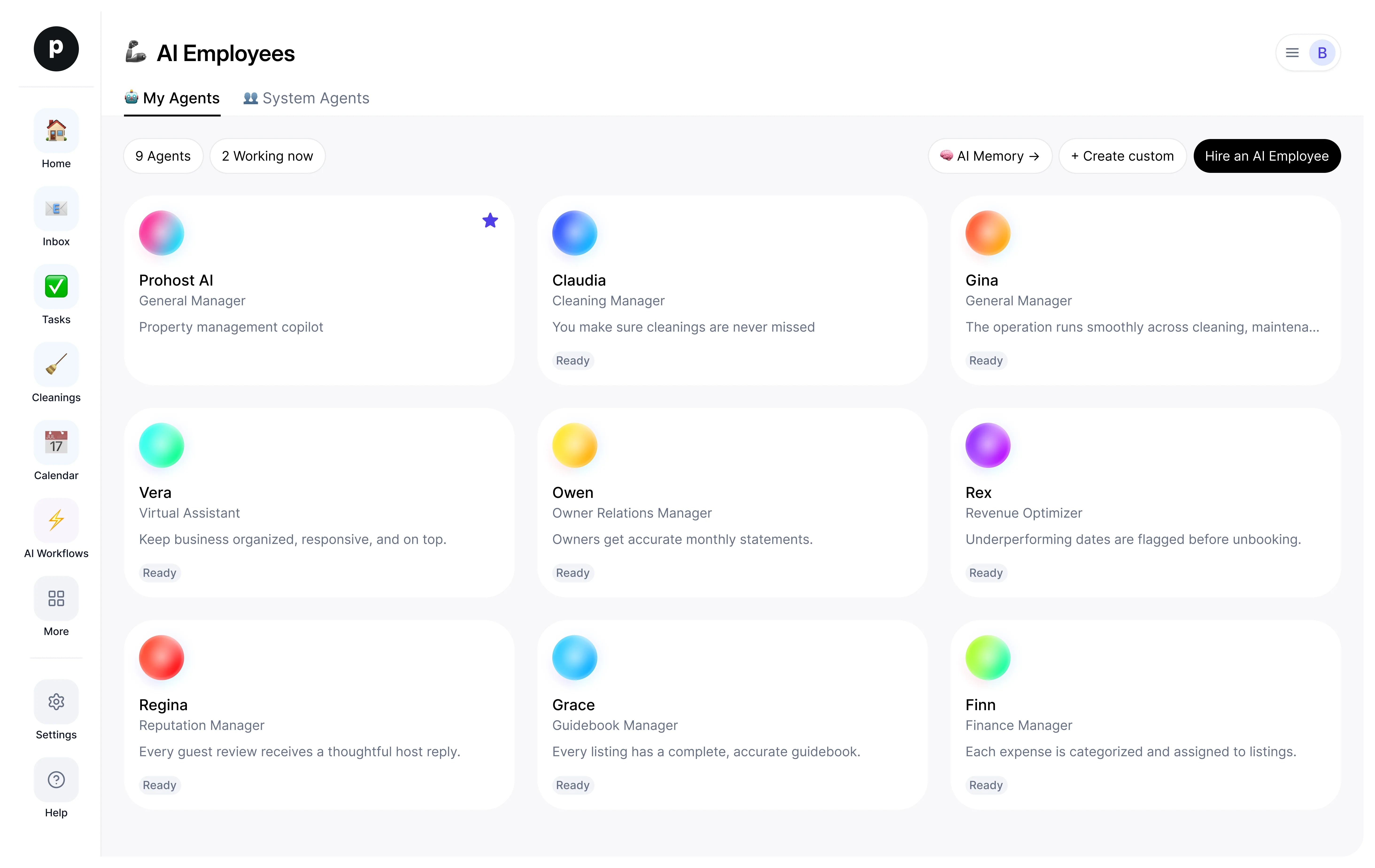 The AI employees roster in ProhostAI